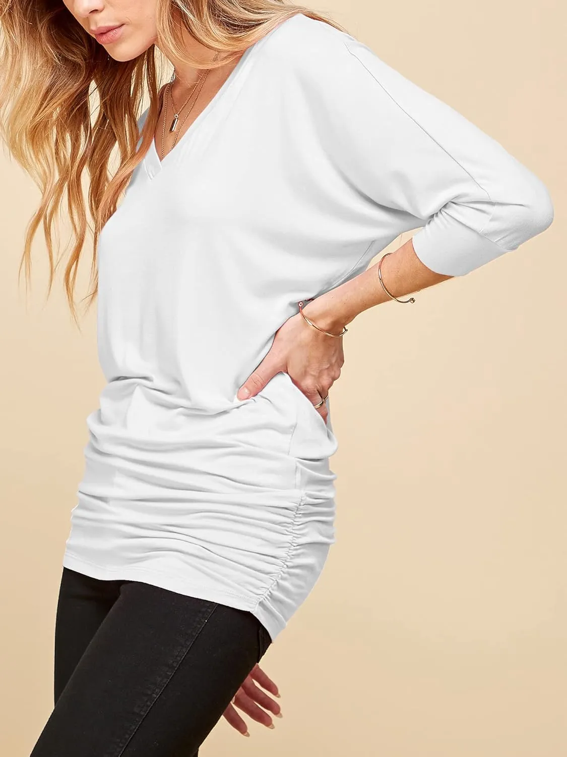 Made By Johnny Women's Casual Boat Neck and V-Neck 3/4 Sleeve Draped Dolman Top with Side Shirring Premium Shirt