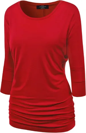 Made By Johnny Women's Casual Boat Neck and V-Neck 3/4 Sleeve Draped Dolman Top with Side Shirring Premium Shirt
