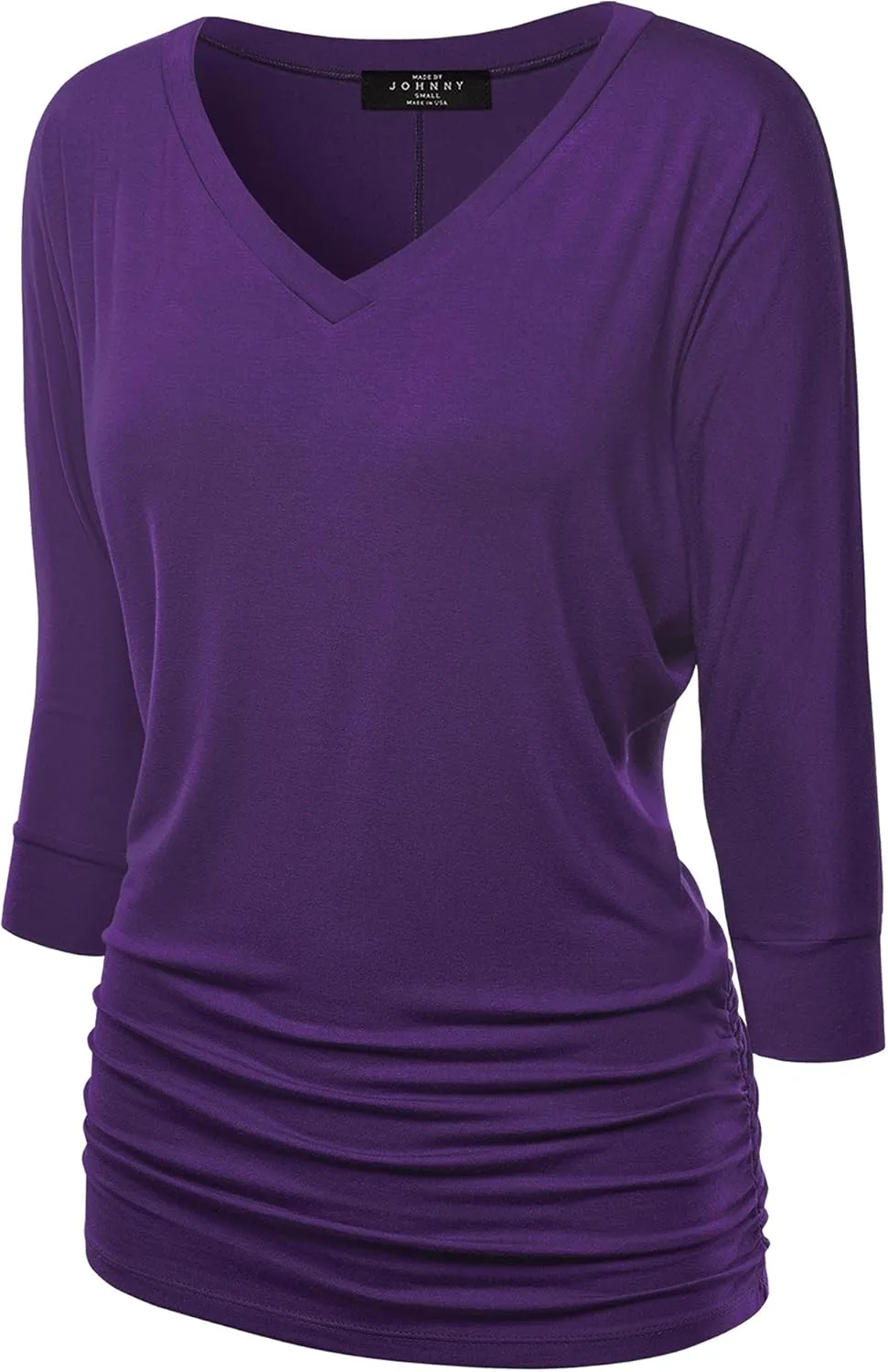 Made By Johnny Women's Casual Boat Neck and V-Neck 3/4 Sleeve Draped Dolman Top with Side Shirring Premium Shirt