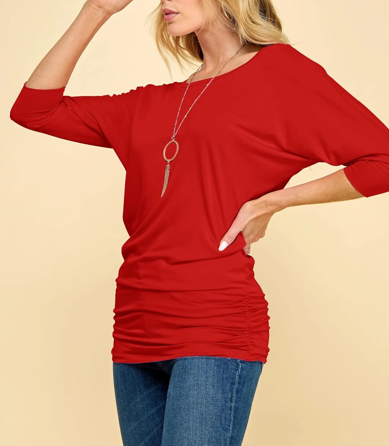 Made By Johnny Women's Casual Boat Neck and V-Neck 3/4 Sleeve Draped Dolman Top with Side Shirring Premium Shirt