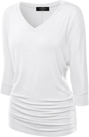 Made By Johnny Women's Casual Boat Neck and V-Neck 3/4 Sleeve Draped Dolman Top with Side Shirring Premium Shirt