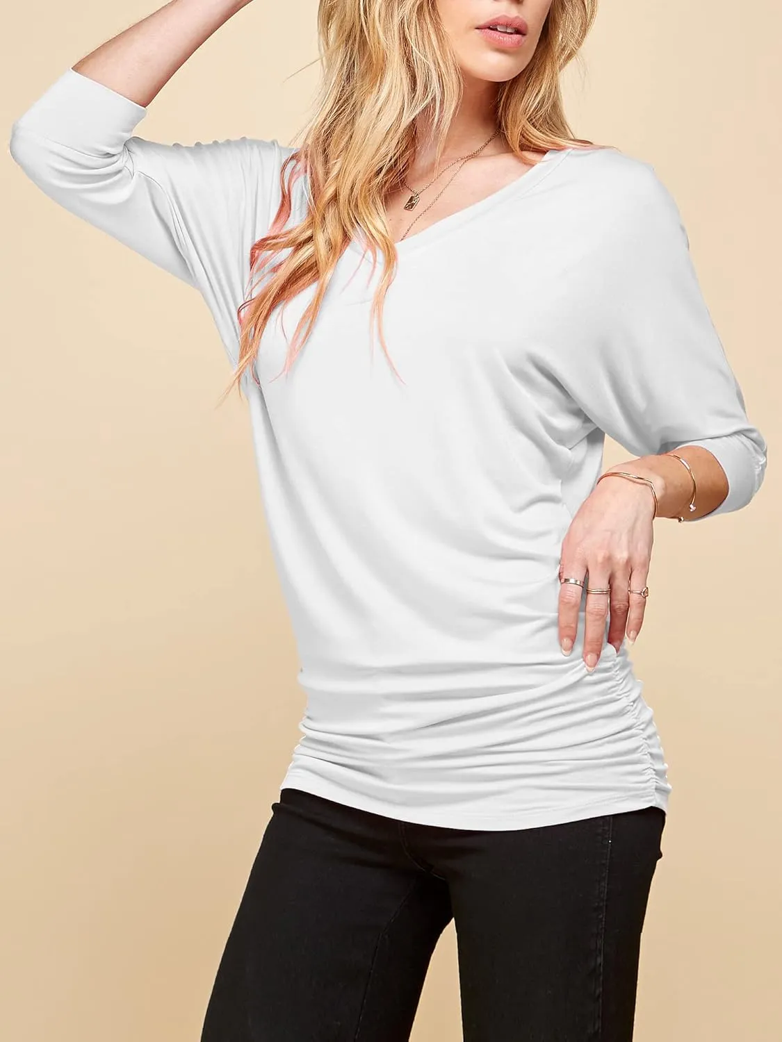 Made By Johnny Women's Casual Boat Neck and V-Neck 3/4 Sleeve Draped Dolman Top with Side Shirring Premium Shirt