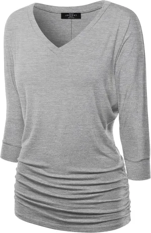 Made By Johnny Women's Casual Boat Neck and V-Neck 3/4 Sleeve Draped Dolman Top with Side Shirring Premium Shirt