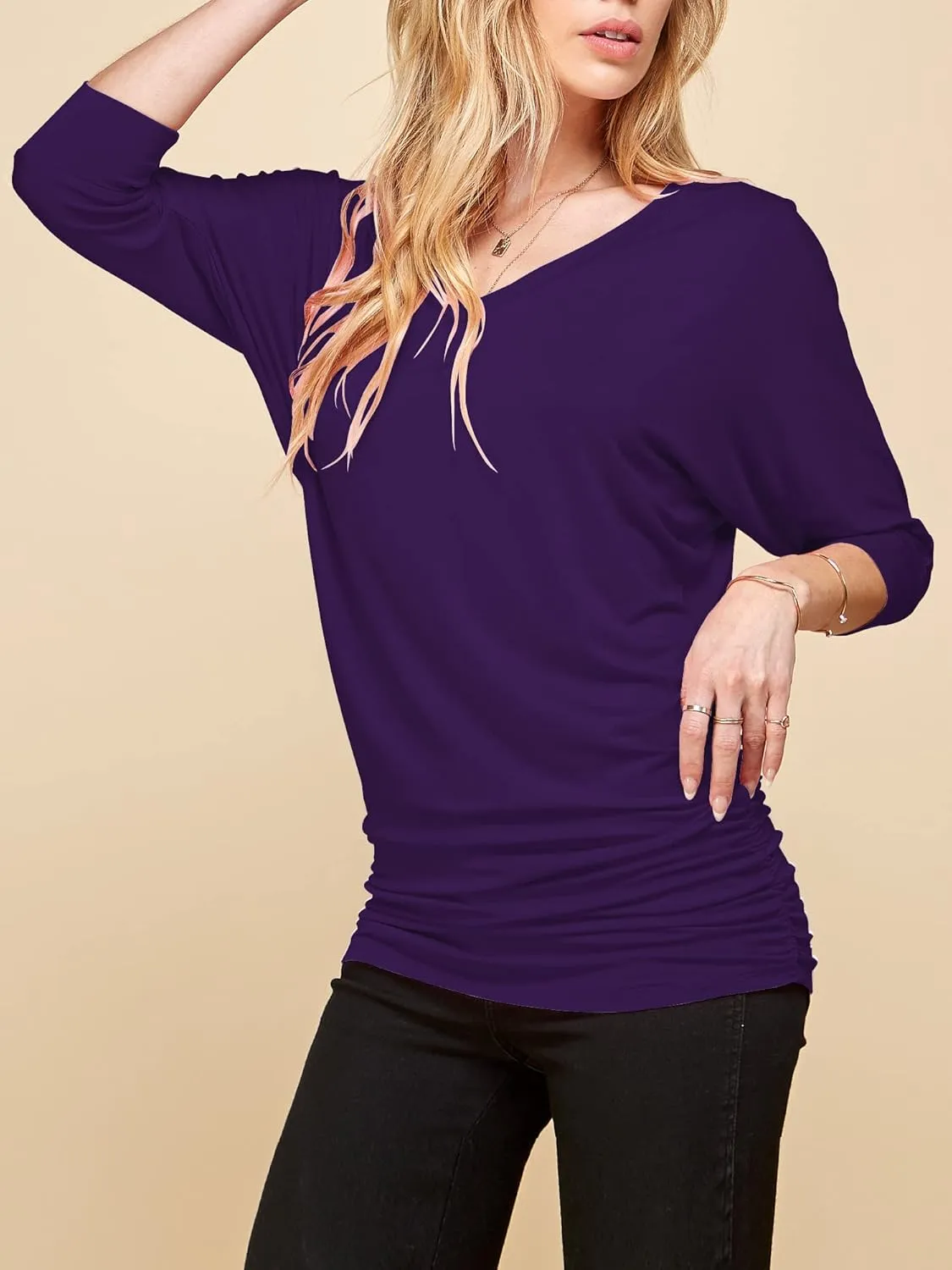 Made By Johnny Women's Casual Boat Neck and V-Neck 3/4 Sleeve Draped Dolman Top with Side Shirring Premium Shirt