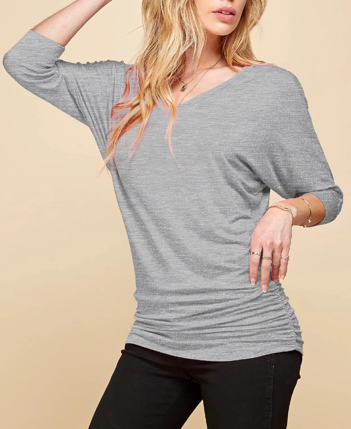 Made By Johnny Women's Casual Boat Neck and V-Neck 3/4 Sleeve Draped Dolman Top with Side Shirring Premium Shirt