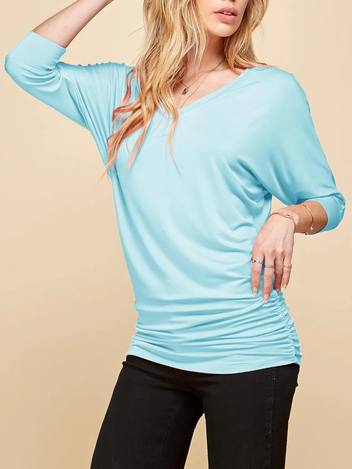 Made By Johnny Women's Casual Boat Neck and V-Neck 3/4 Sleeve Draped Dolman Top with Side Shirring Premium Shirt