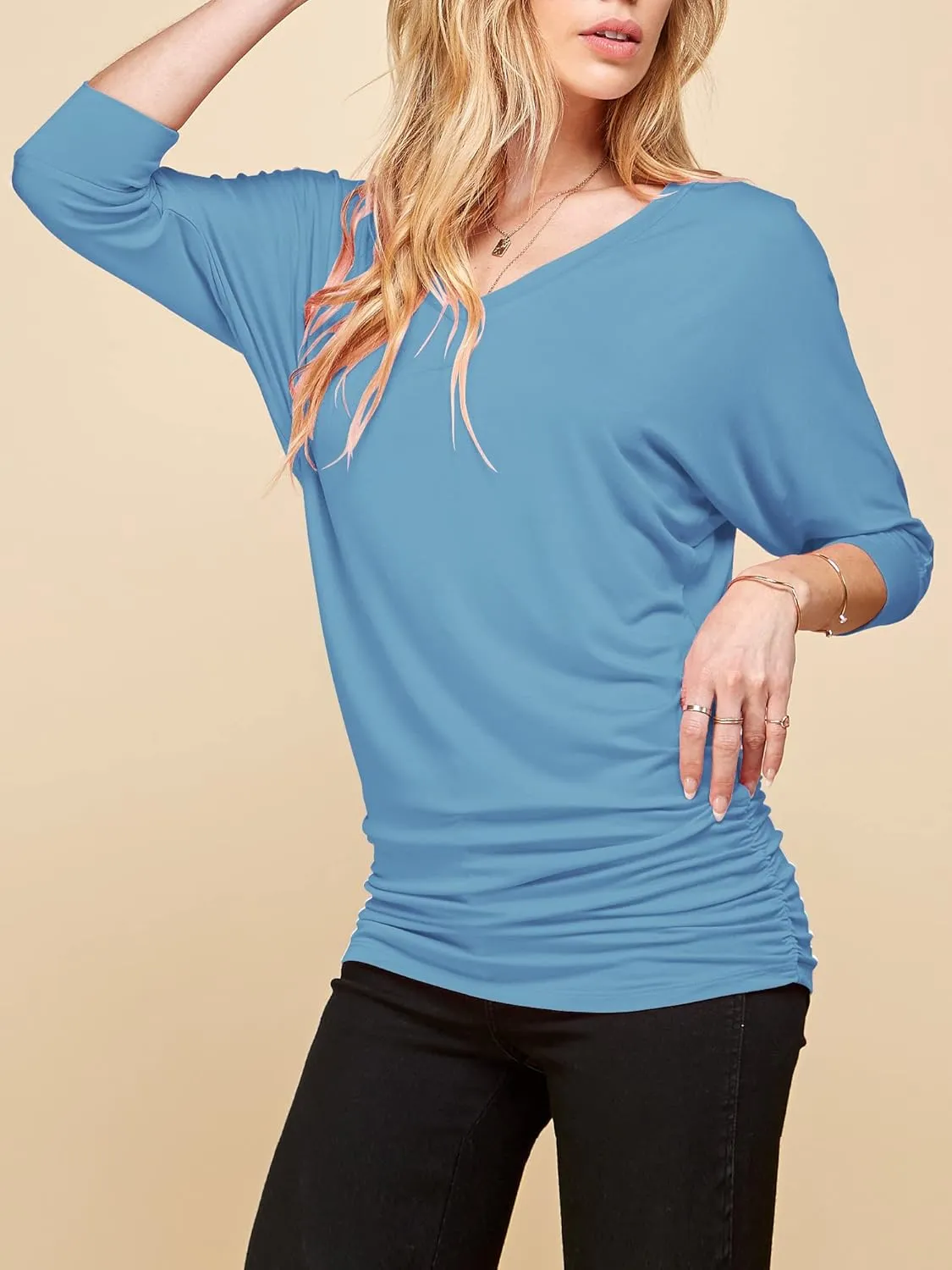 Made By Johnny Women's Casual Boat Neck and V-Neck 3/4 Sleeve Draped Dolman Top with Side Shirring Premium Shirt