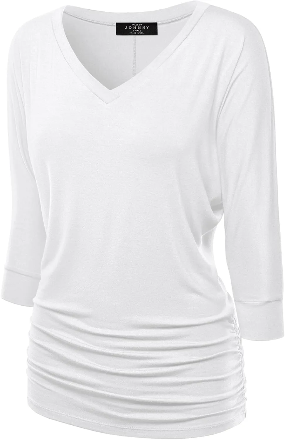 Made By Johnny Women's Casual Boat Neck and V-Neck 3/4 Sleeve Draped Dolman Top with Side Shirring Premium Shirt