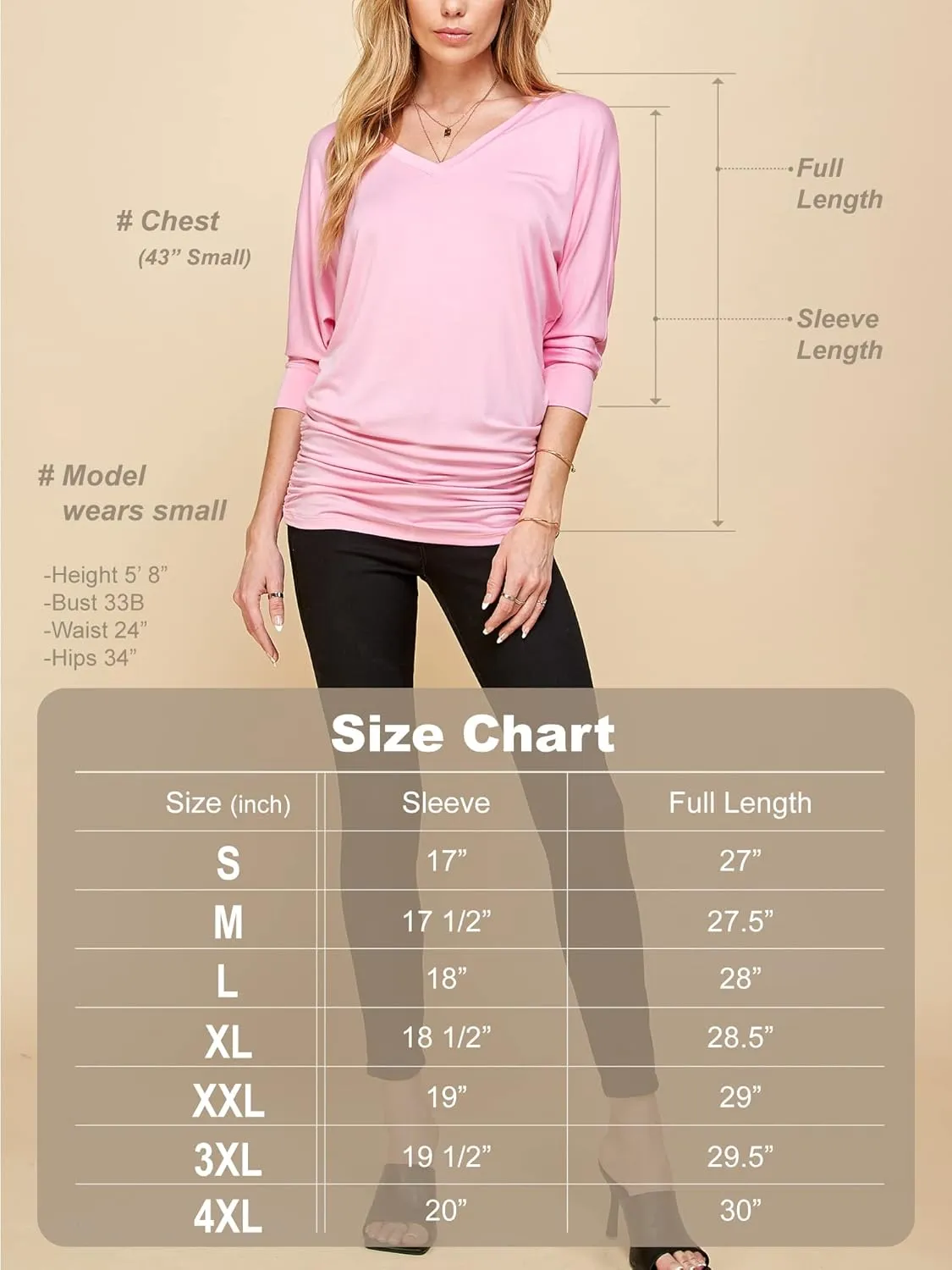 Made By Johnny Women's Casual Boat Neck and V-Neck 3/4 Sleeve Draped Dolman Top with Side Shirring Premium Shirt