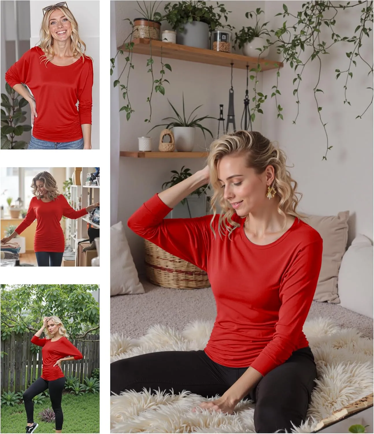 Made By Johnny Women's Casual Boat Neck and V-Neck 3/4 Sleeve Draped Dolman Top with Side Shirring Premium Shirt