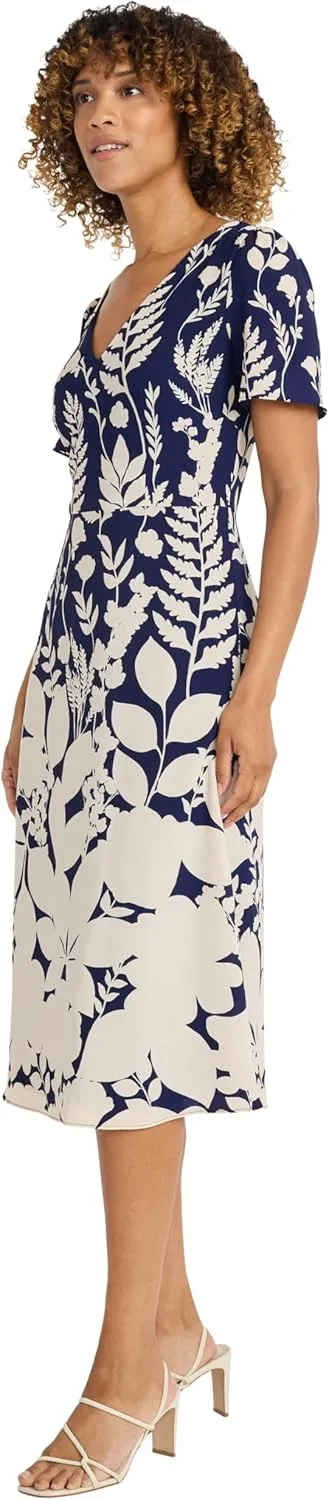 Maggy London Midi Summer V-Neck, A-line Cocktail & Wedding Guest, Bridal Shower Attire, Blue Dress Women