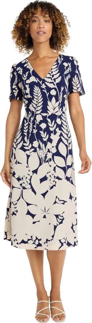Maggy London Midi Summer V-Neck, A-line Cocktail & Wedding Guest, Bridal Shower Attire, Blue Dress Women