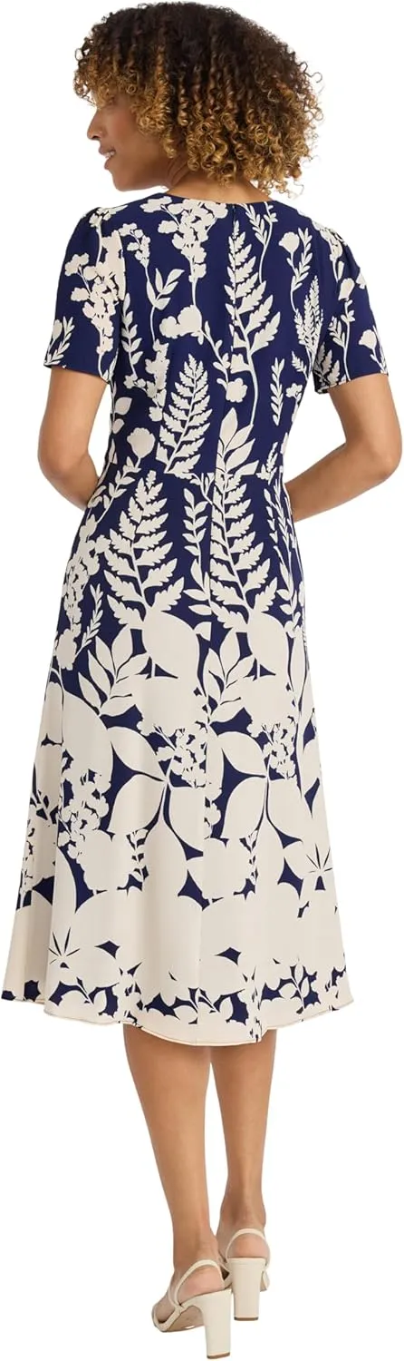 Maggy London Midi Summer V-Neck, A-line Cocktail & Wedding Guest, Bridal Shower Attire, Blue Dress Women