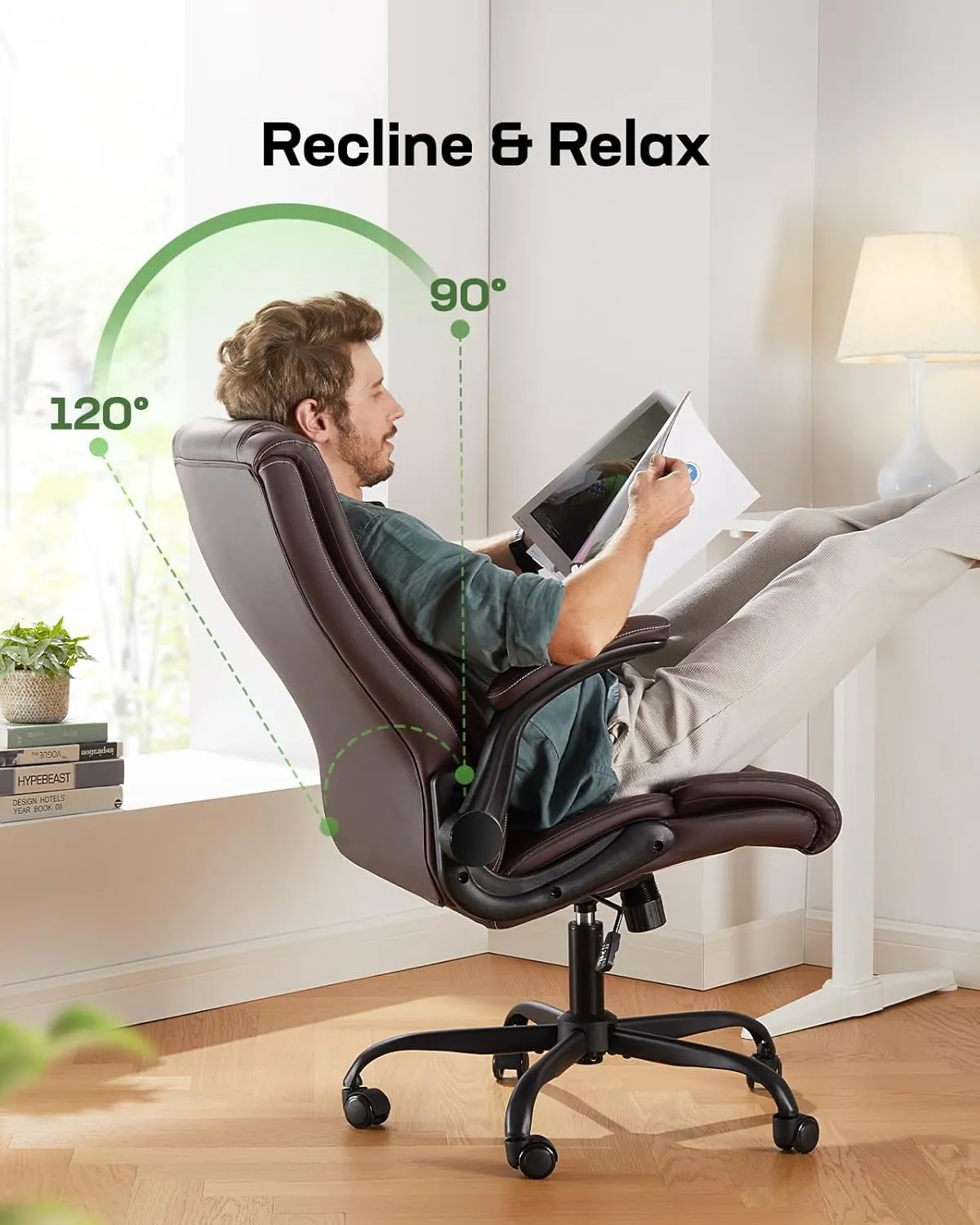 Marsail Executive Office Chair with Flip-up Armrests,PU Leather Ergonomic Desk Chair Height-Adjustable Swivel Rolling Computer Desk Chair
