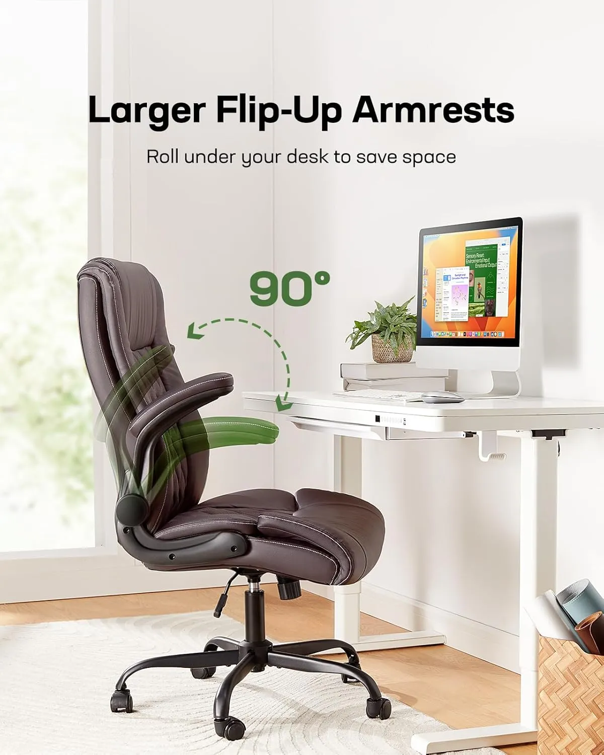Marsail Executive Office Chair with Flip-up Armrests,PU Leather Ergonomic Desk Chair Height-Adjustable Swivel Rolling Computer Desk Chair