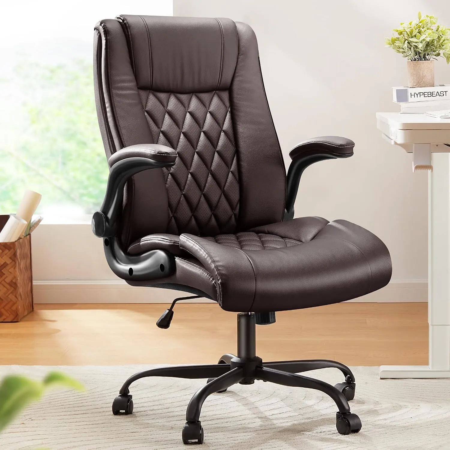 Marsail Executive Office Chair with Flip-up Armrests,PU Leather Ergonomic Desk Chair Height-Adjustable Swivel Rolling Computer Desk Chair