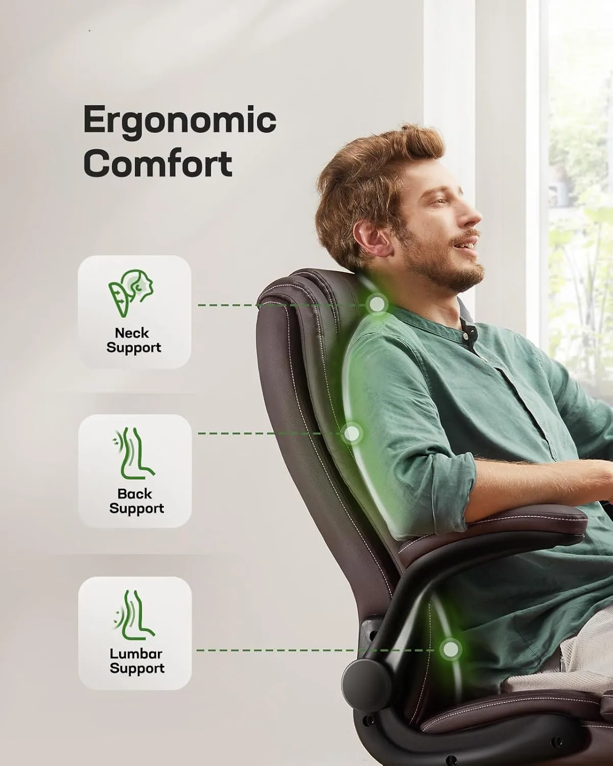 Marsail Executive Office Chair with Flip-up Armrests,PU Leather Ergonomic Desk Chair Height-Adjustable Swivel Rolling Computer Desk Chair