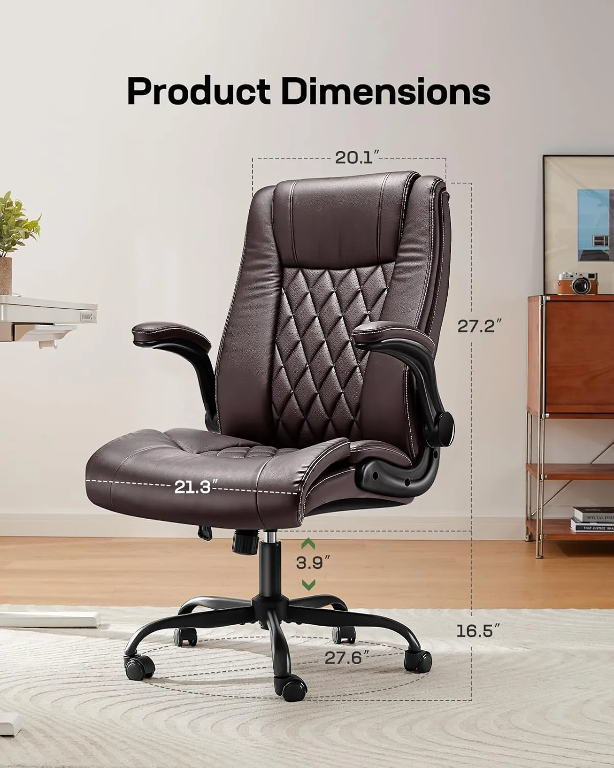 Marsail Executive Office Chair with Flip-up Armrests,PU Leather Ergonomic Desk Chair Height-Adjustable Swivel Rolling Computer Desk Chair
