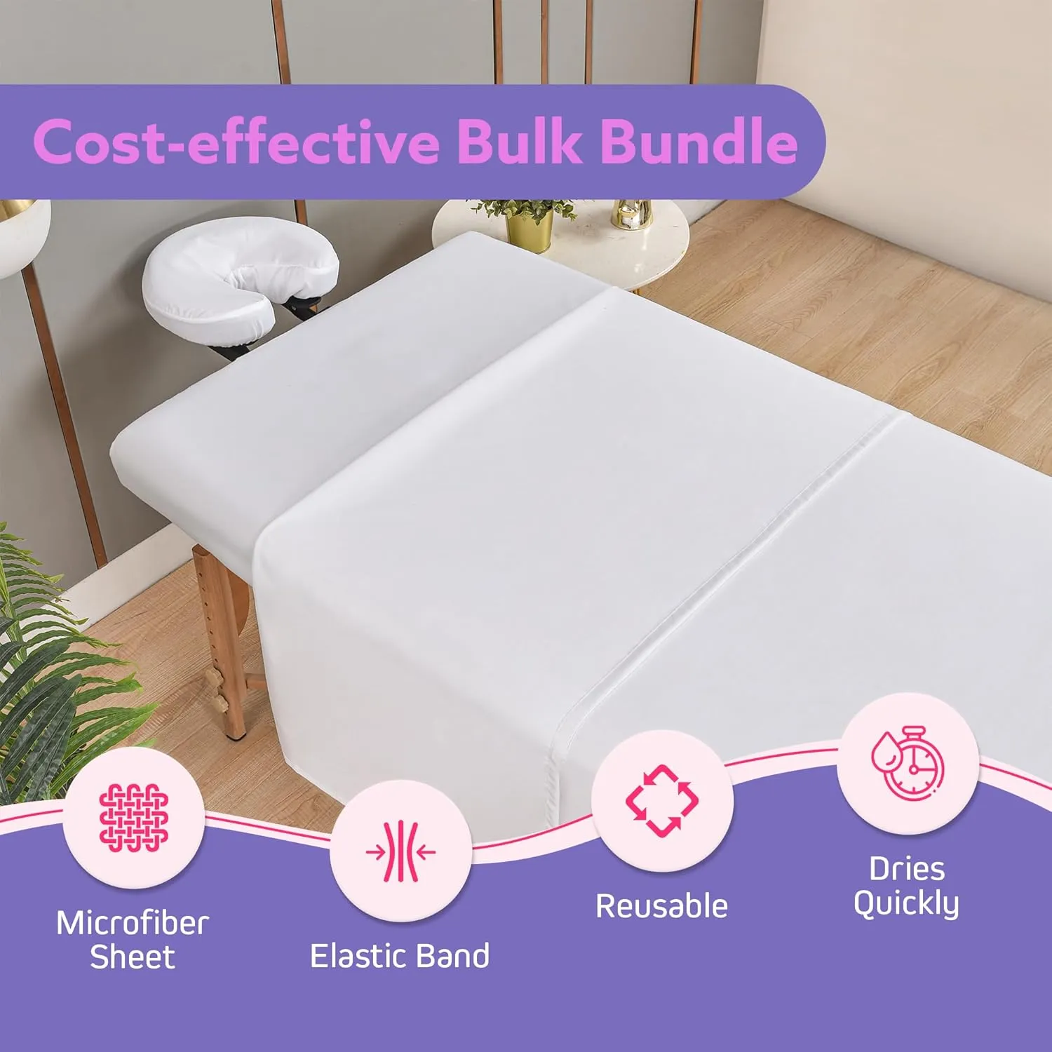 Massage Table Sheets Sets – 4 Set Bundle, 120GSM Double Brushed Microfiber, Premium Massage Sheets Sets, Spa Bed Sheets for Esthetician, Wrinkle & Oil Resistant, White