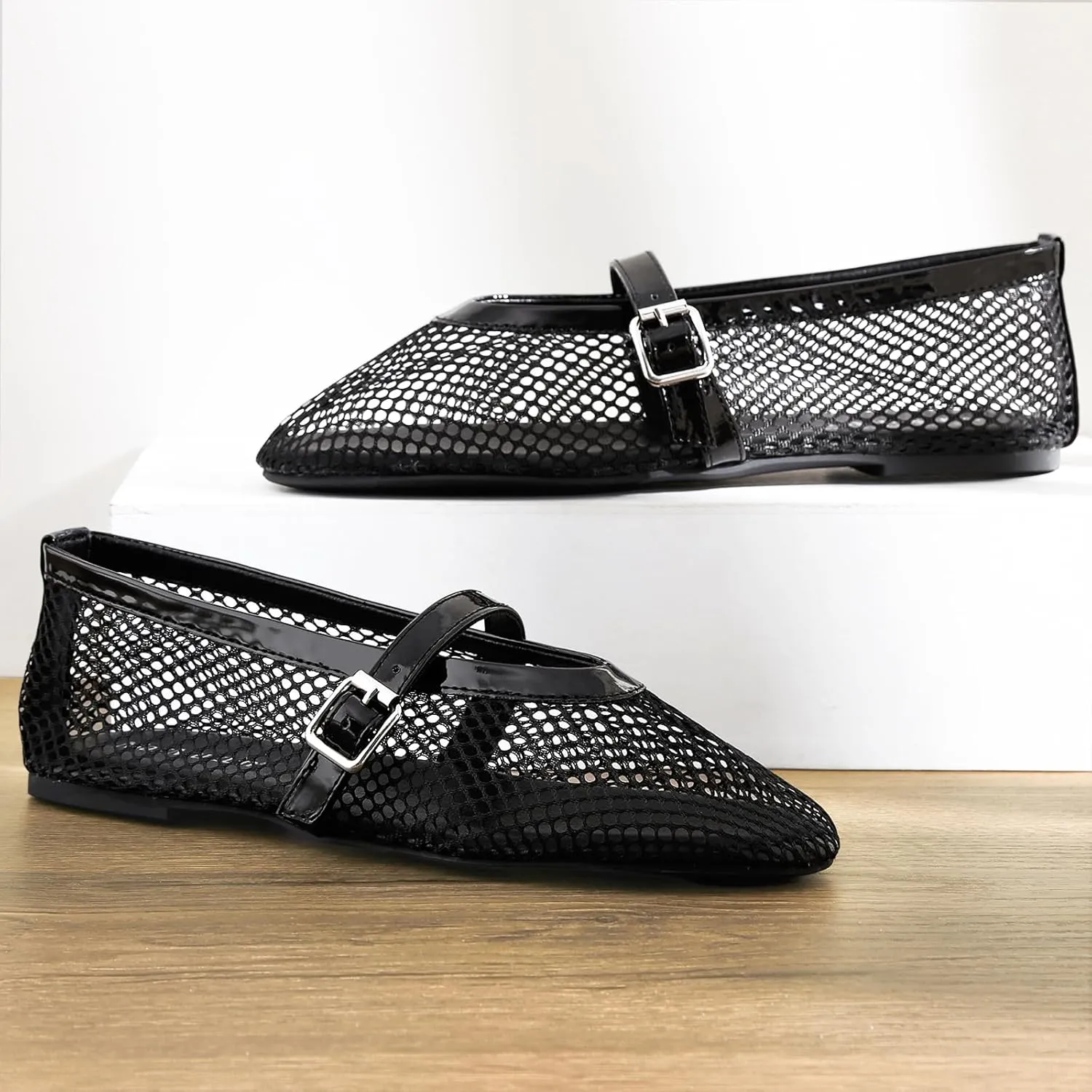 MaxMuxun Women's Flats Mesh Ballet Flats Round Toe Buckle Strap Comfortable Causal Dress Flats Shoes