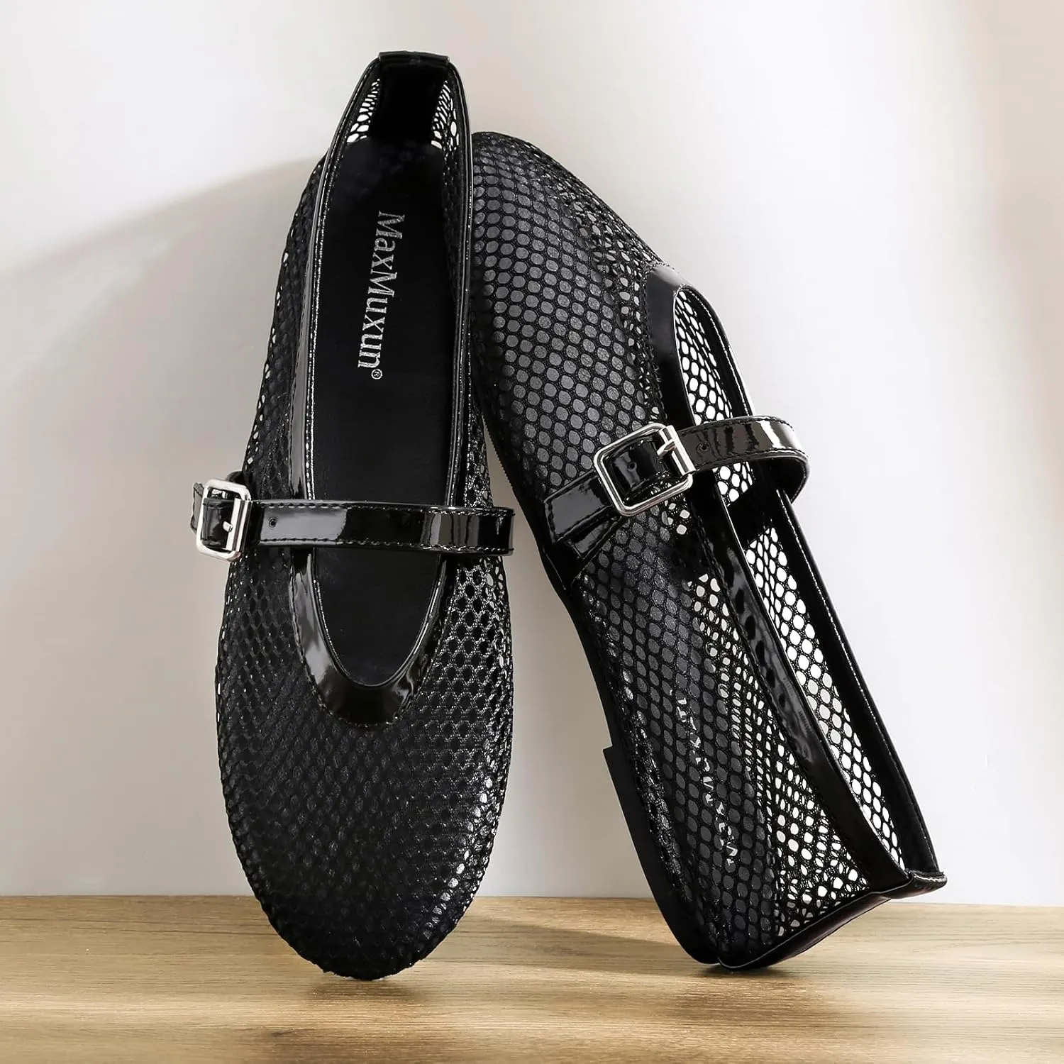 MaxMuxun Women's Flats Mesh Ballet Flats Round Toe Buckle Strap Comfortable Causal Dress Flats Shoes