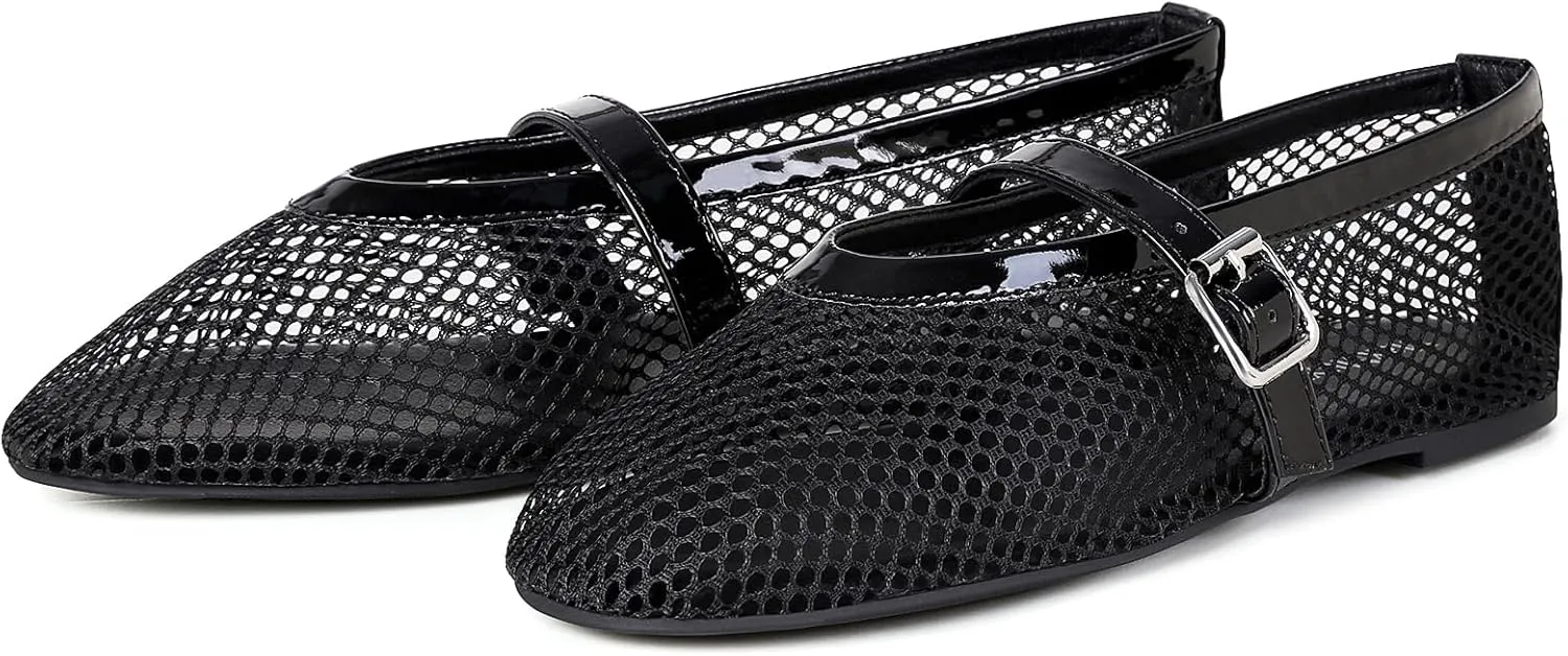 MaxMuxun Women's Flats Mesh Ballet Flats Round Toe Buckle Strap Comfortable Causal Dress Flats Shoes
