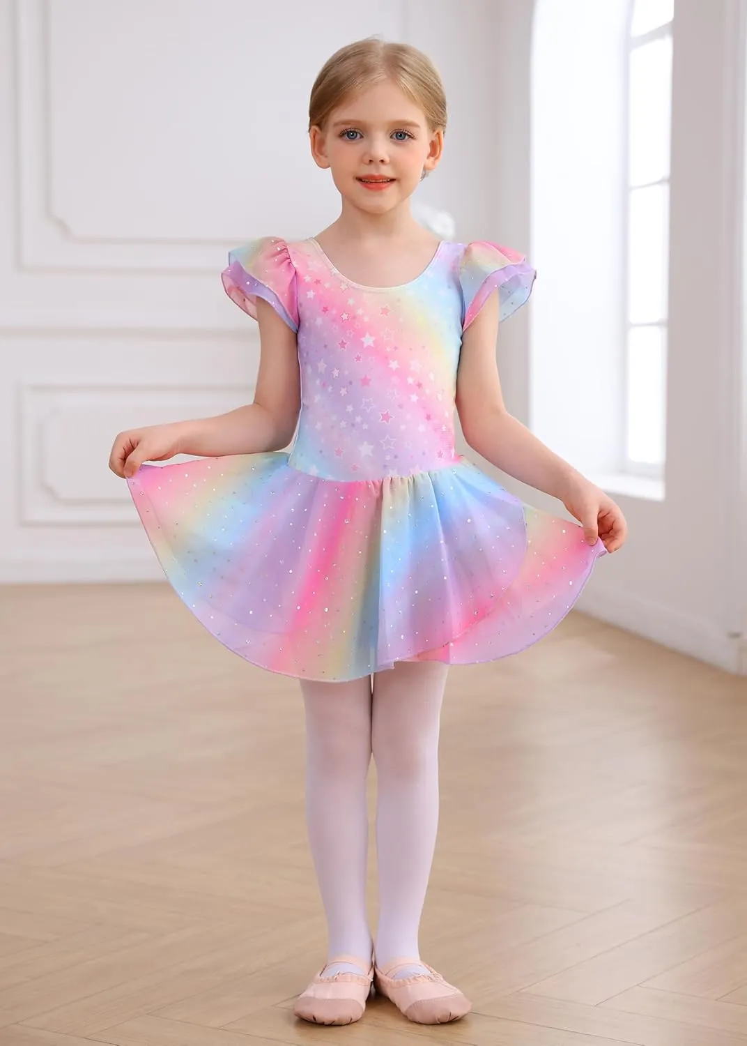 MdnMd Ballet Leotards for Girls Toddler Dance Ballet Leotard with Skirt Ballerina Dresses Tutu Outfits Flutter Sleeve