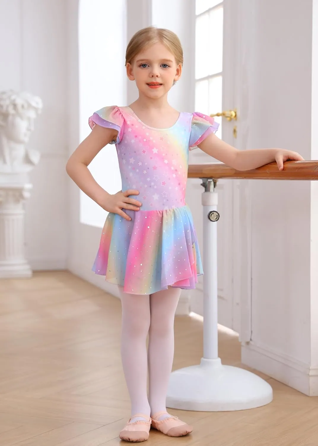MdnMd Ballet Leotards for Girls Toddler Dance Ballet Leotard with Skirt Ballerina Dresses Tutu Outfits Flutter Sleeve