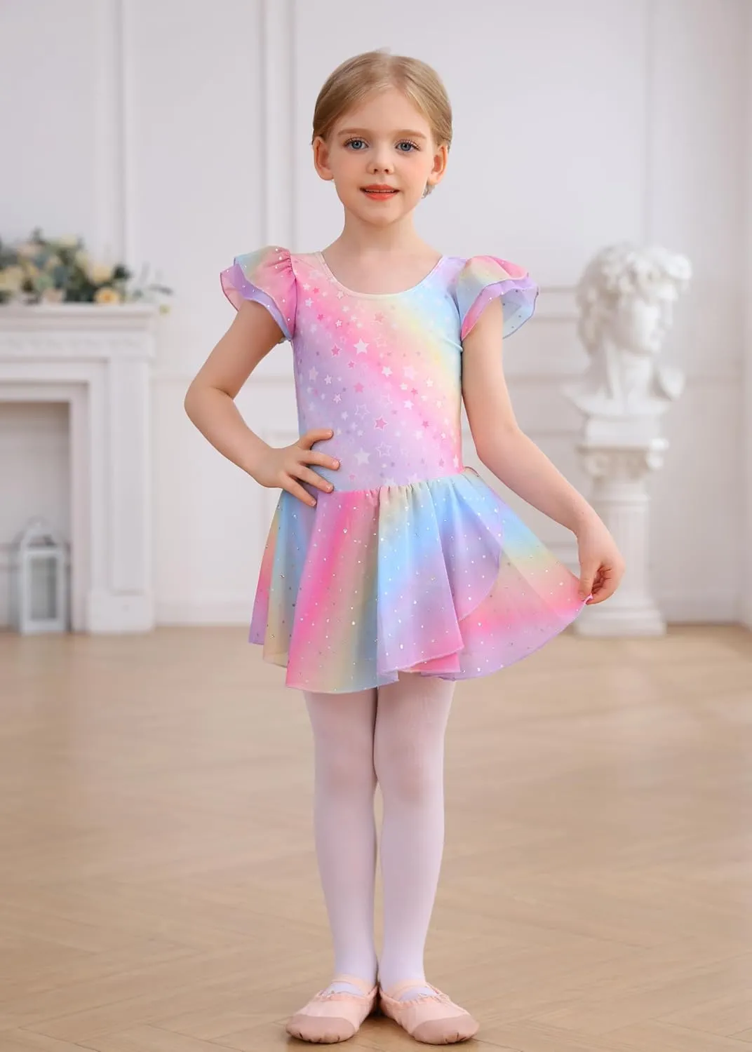 MdnMd Ballet Leotards for Girls Toddler Dance Ballet Leotard with Skirt Ballerina Dresses Tutu Outfits Flutter Sleeve