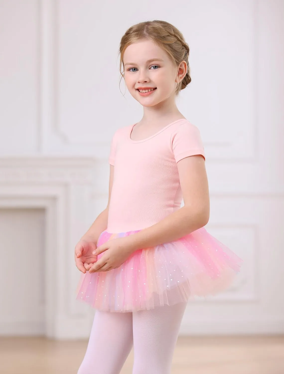 MdnMd Fly Short Sleeve Lace Dance Ballet Tutu Leotard Ballerina Outfit for Toddler Girls