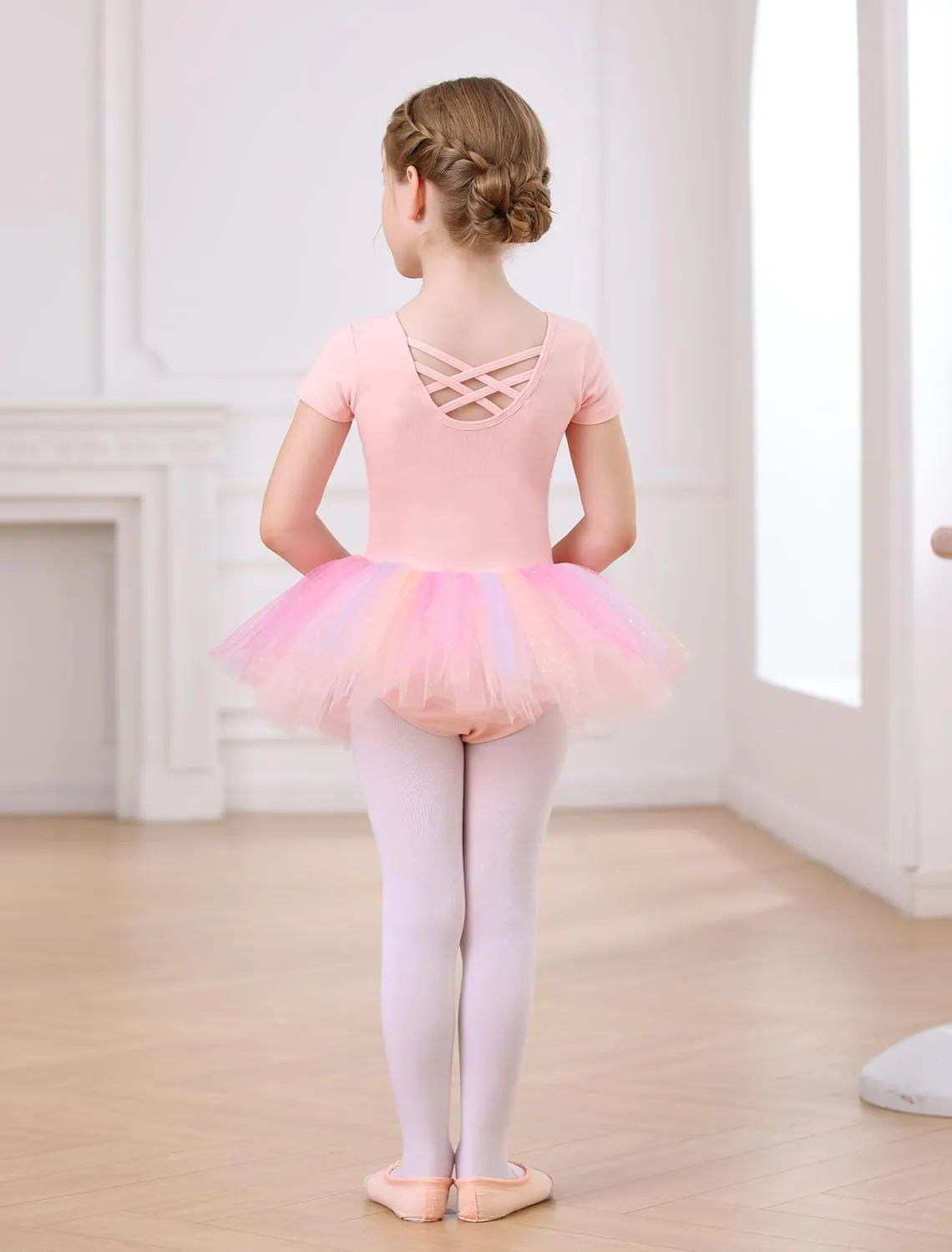 MdnMd Fly Short Sleeve Lace Dance Ballet Tutu Leotard Ballerina Outfit for Toddler Girls