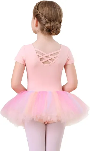MdnMd Fly Short Sleeve Lace Dance Ballet Tutu Leotard Ballerina Outfit for Toddler Girls