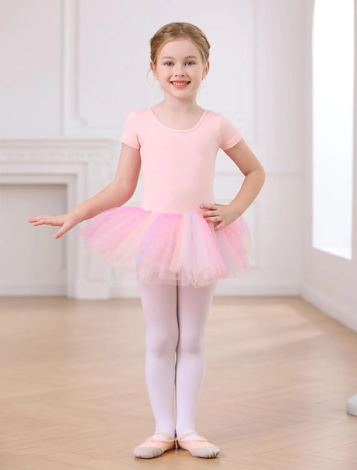 MdnMd Fly Short Sleeve Lace Dance Ballet Tutu Leotard Ballerina Outfit for Toddler Girls