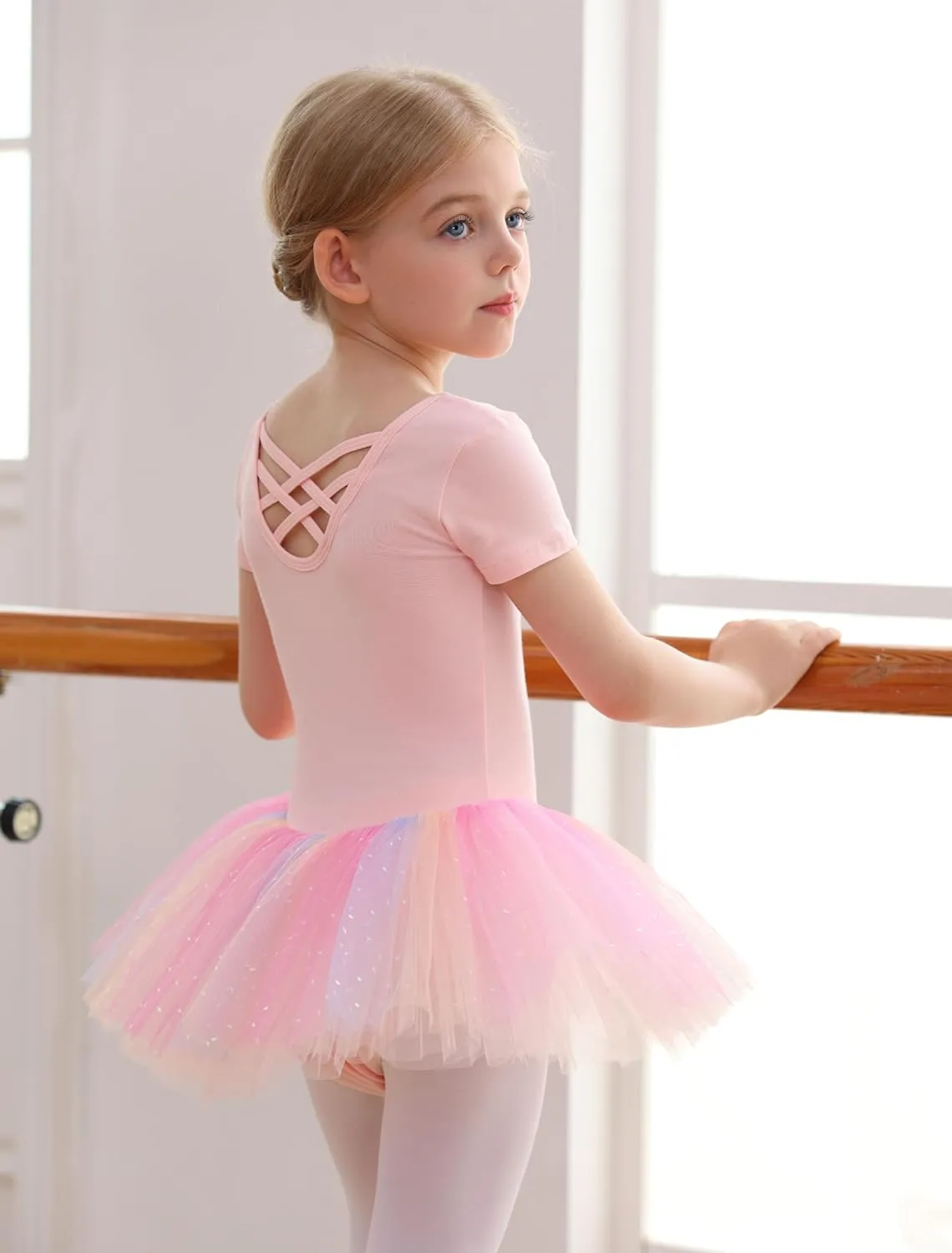 MdnMd Fly Short Sleeve Lace Dance Ballet Tutu Leotard Ballerina Outfit for Toddler Girls