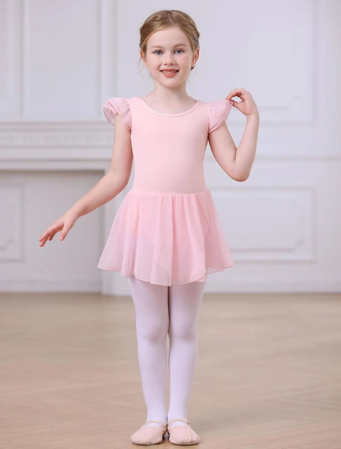 MdnMd Girls Dance Ballet Leotards Dresses for Toddler Ballerina Outfit Skirt Hollow Knot Back Flutter Sleeve