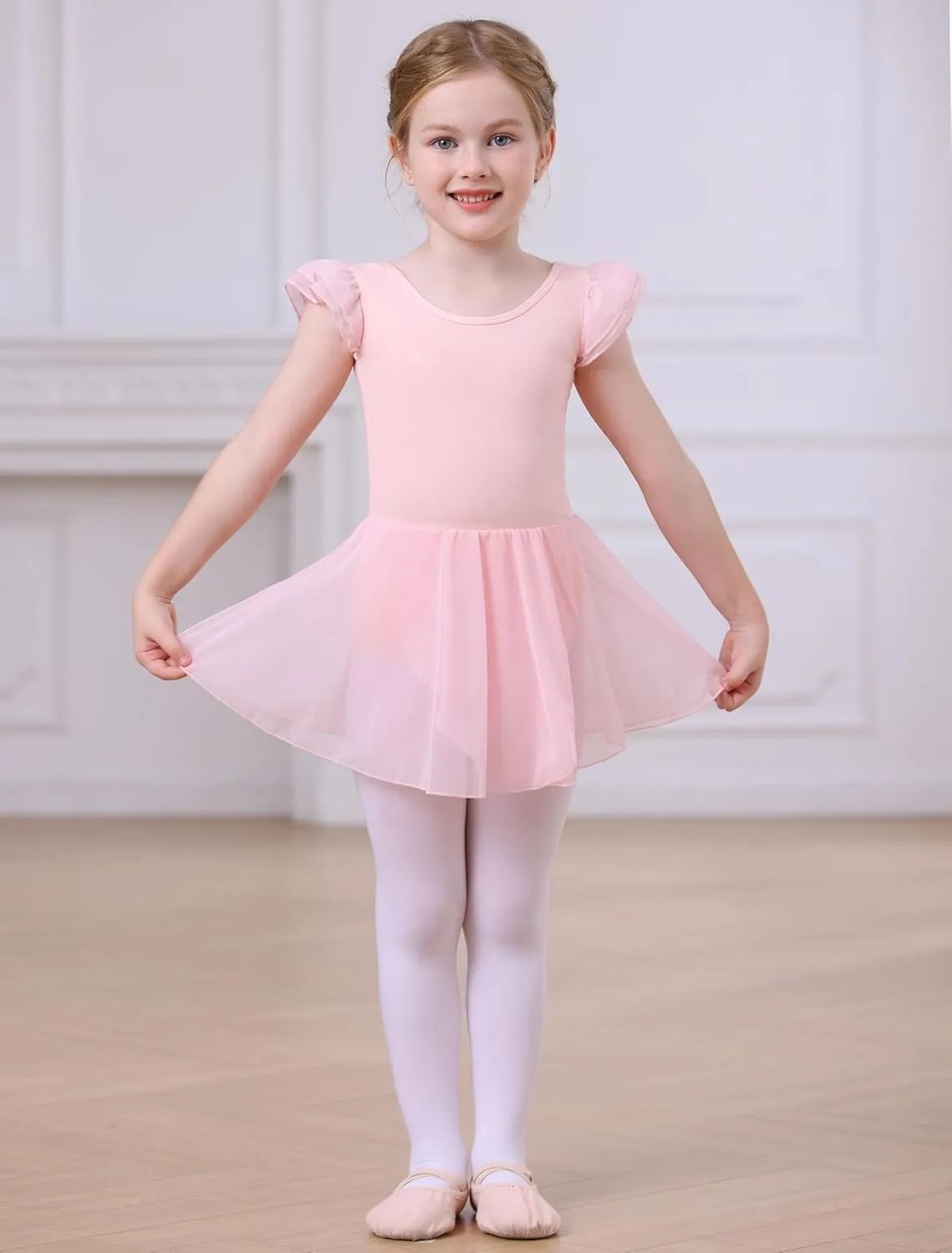MdnMd Girls Dance Ballet Leotards Dresses for Toddler Ballerina Outfit Skirt Hollow Knot Back Flutter Sleeve