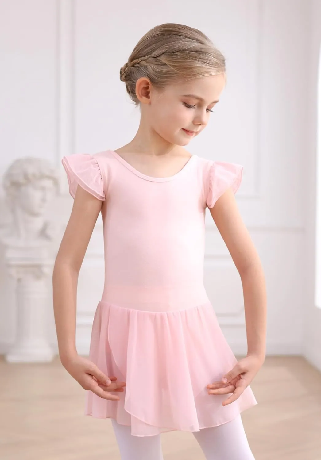 MdnMd Girls Dance Ballet Leotards Dresses for Toddler Ballerina Outfit Skirt Hollow Knot Back Flutter Sleeve
