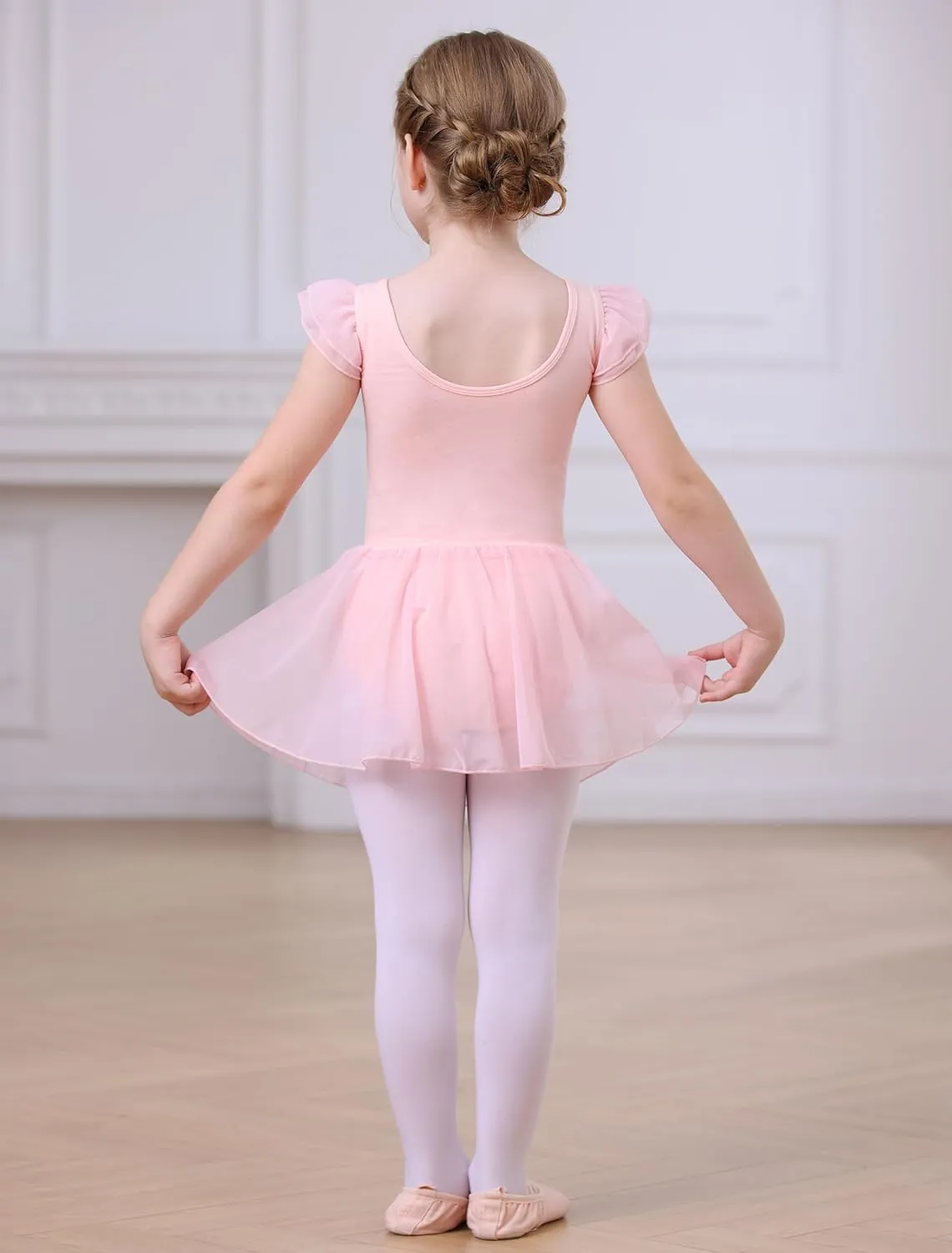 MdnMd Girls Dance Ballet Leotards Dresses for Toddler Ballerina Outfit Skirt Hollow Knot Back Flutter Sleeve