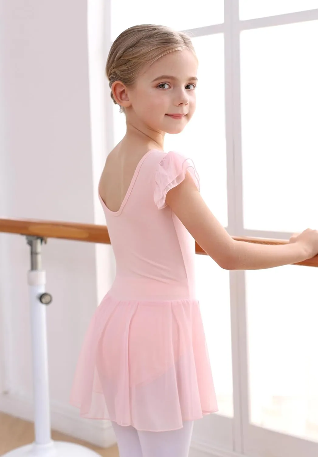 MdnMd Girls Dance Ballet Leotards Dresses for Toddler Ballerina Outfit Skirt Hollow Knot Back Flutter Sleeve