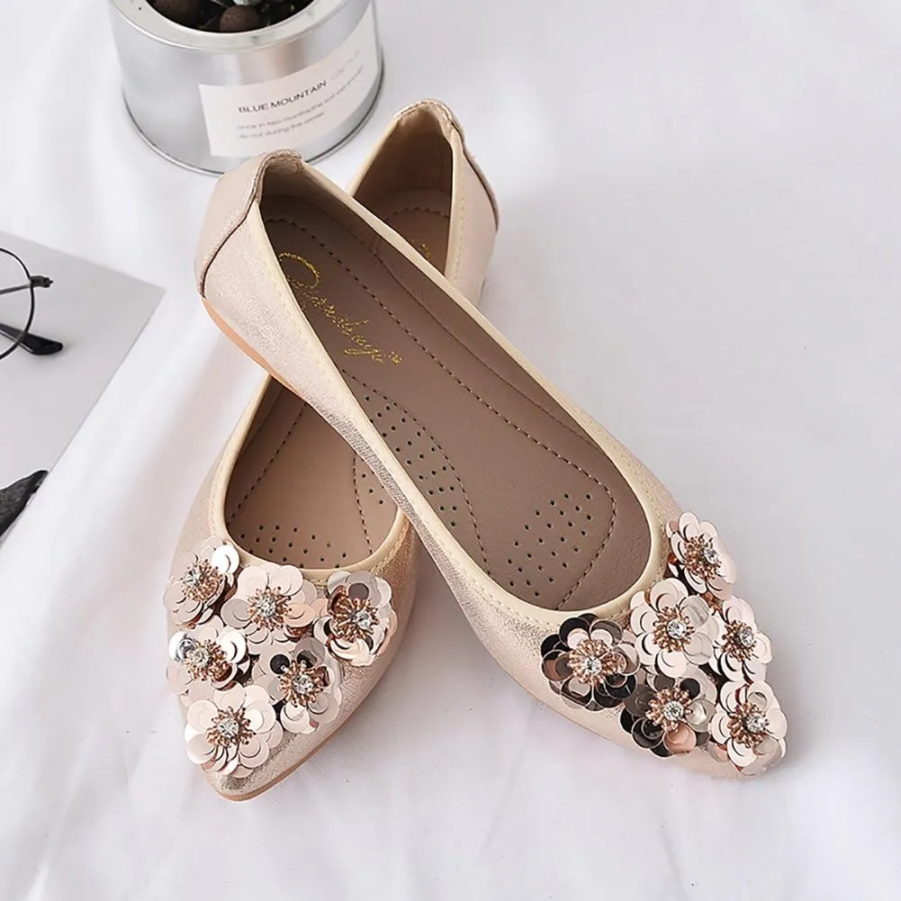 Meeshine Womens Foldable Soft Pointed Toe Ballet Flats Rhinestone Comfort Slip on Flat Shoes