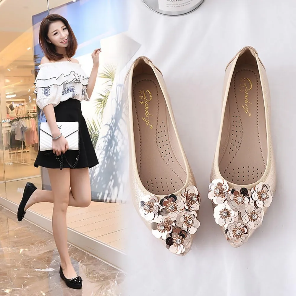 Meeshine Womens Foldable Soft Pointed Toe Ballet Flats Rhinestone Comfort Slip on Flat Shoes