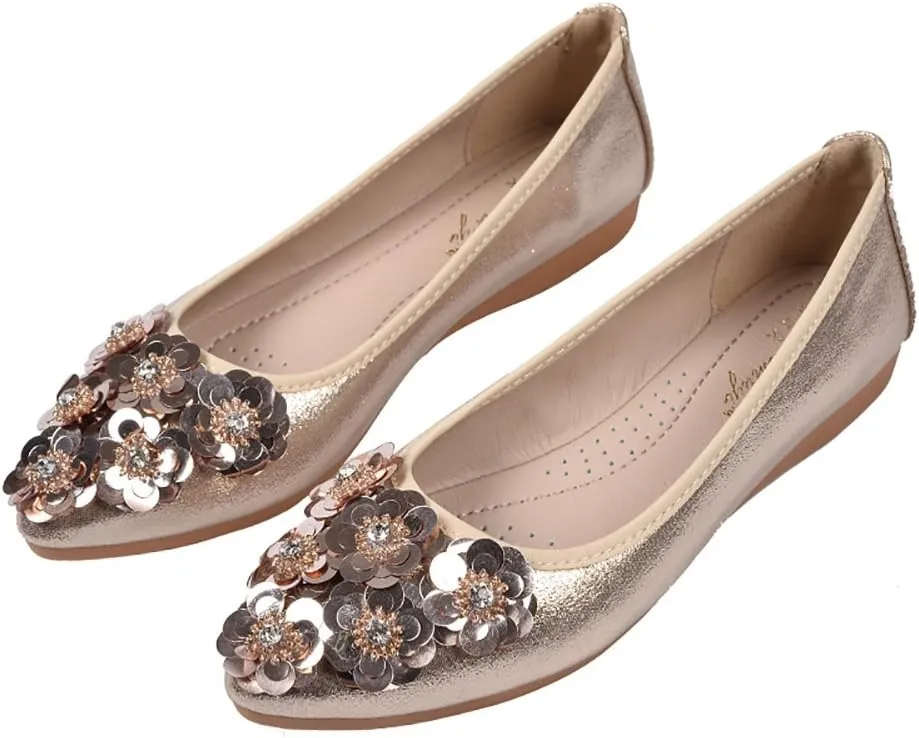 Meeshine Womens Foldable Soft Pointed Toe Ballet Flats Rhinestone Comfort Slip on Flat Shoes