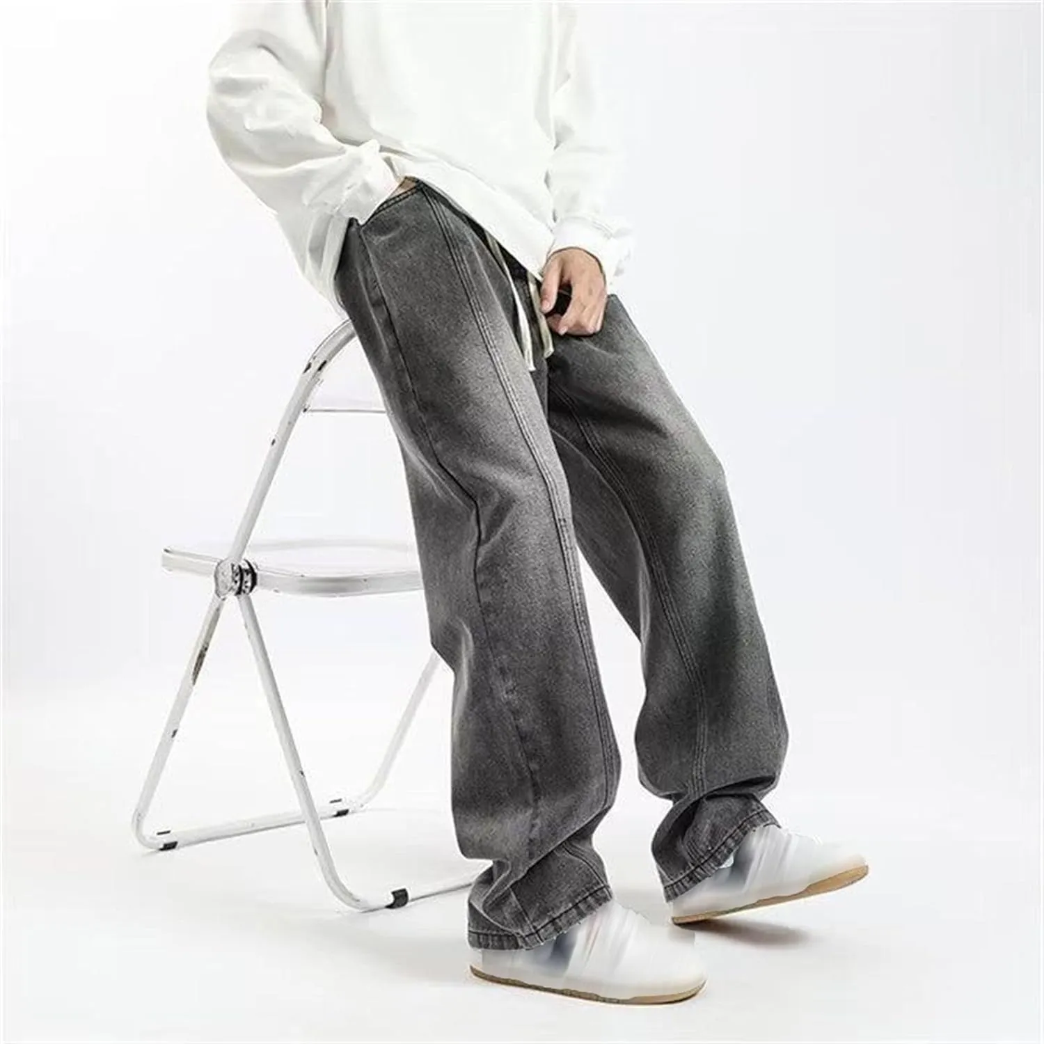 Men Vintage Baggy Jeans with Multiple Pockets Casual Hip Hop Straight Leg Jeans Fashion Cargo Distressed Loose Jean