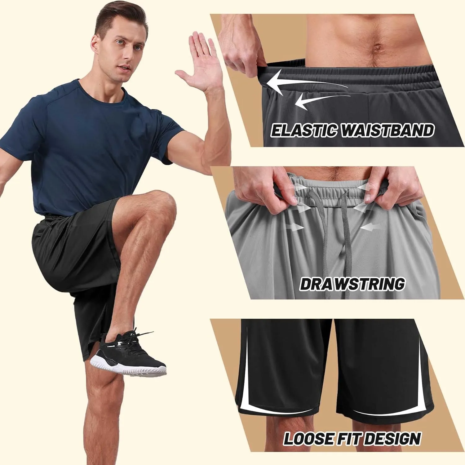 Men's Athletic Gym Shorts - Quick Dry Black Casual Basketball Shorts with Pockets for Running Workout Activewear