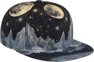 Men's Baseball Cap Mountain Starry Night Sky Moon Stars Marble Nature Flat Brim Adjustable Snapback Trucker Hat, Dad Hat, Casual Sport Outdoor Sun Hat