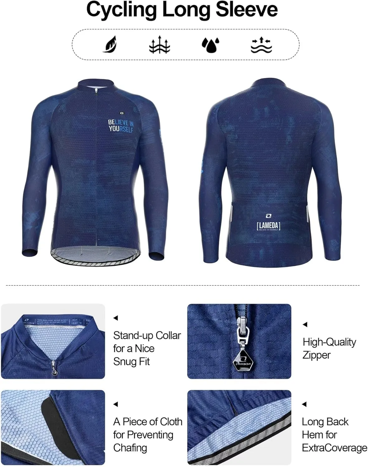 Men's Cycling Jersey Long Sleeve, Breathable Moisture Wicking Bike Shirt, Lightweight Biking Shirt with 3 Rear Pockets