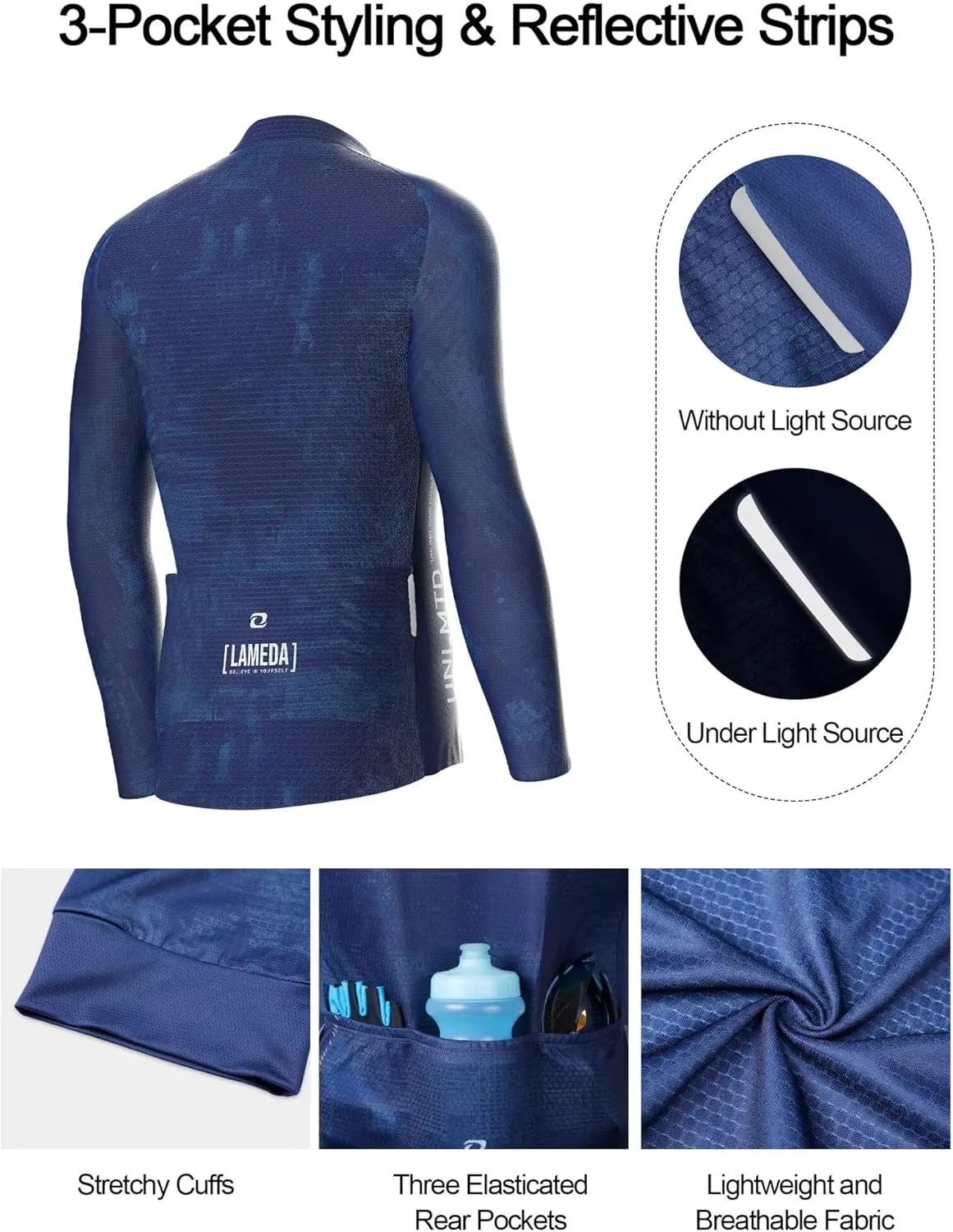 Men's Cycling Jersey Long Sleeve, Breathable Moisture Wicking Bike Shirt, Lightweight Biking Shirt with 3 Rear Pockets