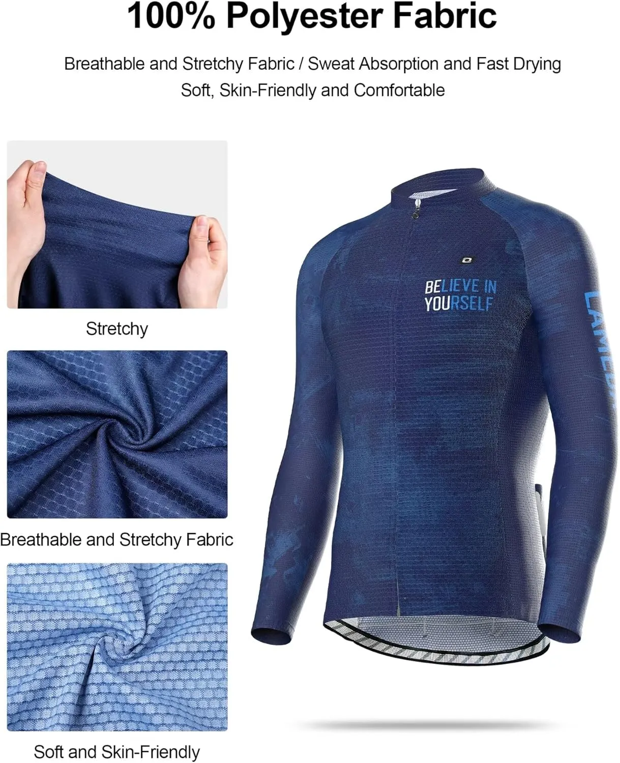 Men's Cycling Jersey Long Sleeve, Breathable Moisture Wicking Bike Shirt, Lightweight Biking Shirt with 3 Rear Pockets