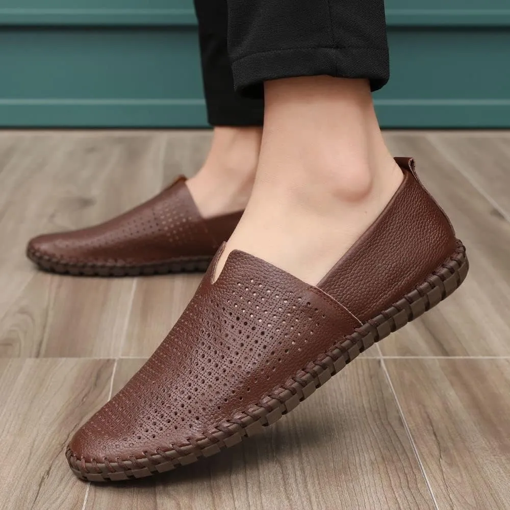 Men's Genuine Leather Loafer Shoes Slip On Soft Walking Shoes Perforated Driving Shoes
