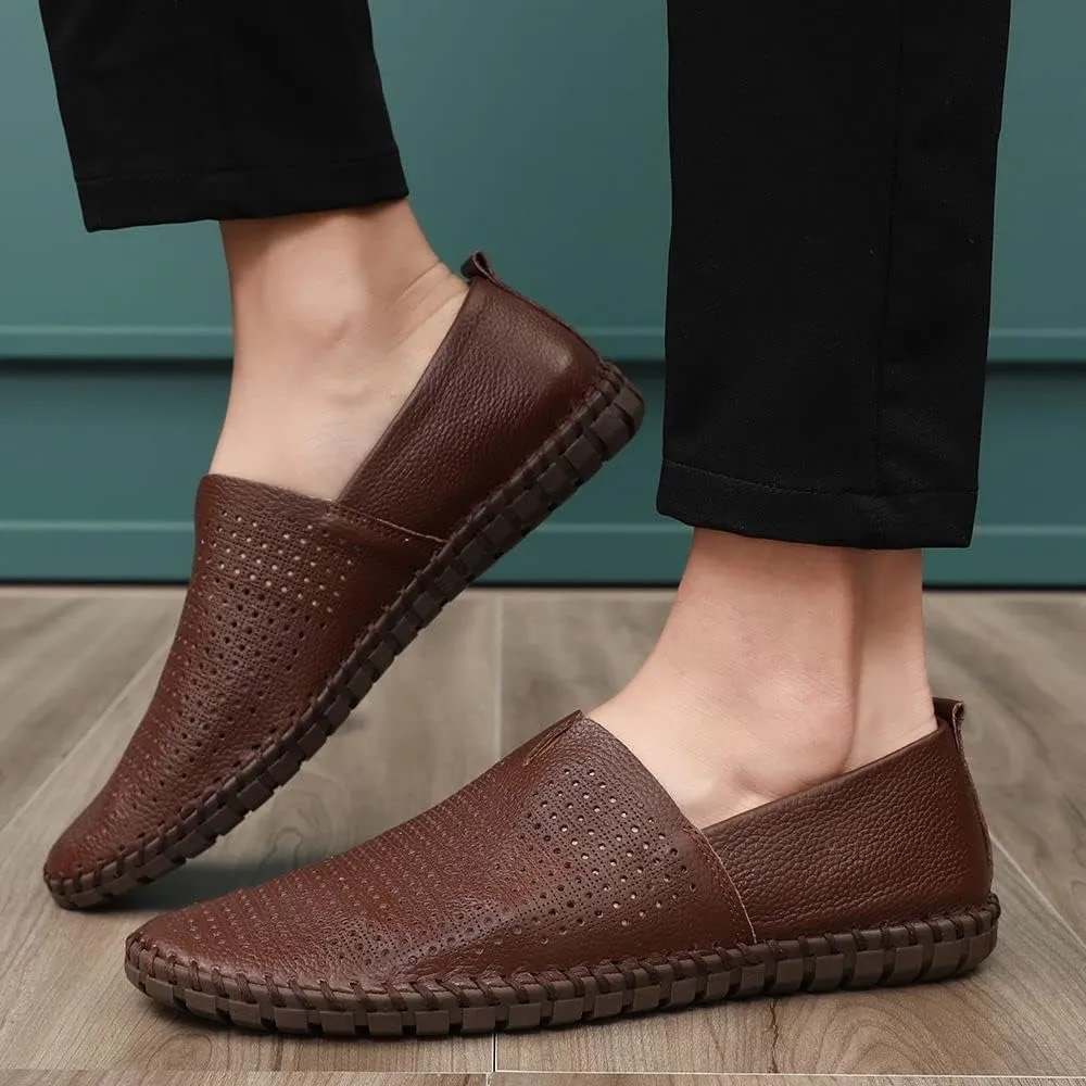 Men's Genuine Leather Loafer Shoes Slip On Soft Walking Shoes Perforated Driving Shoes
